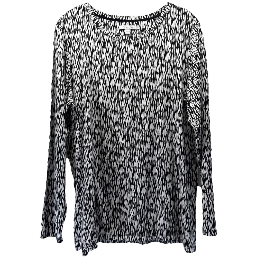 Chicos Women's Top Size‎ Large Black White Long Sleeve Stretch Pullover Classic